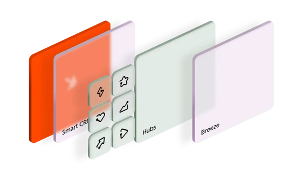 Shows the products that make up the coWhile customer platform, starting with Smart CRM, then the hub engagement products (highlighted in this image), then Breeze, coWhile's AI.